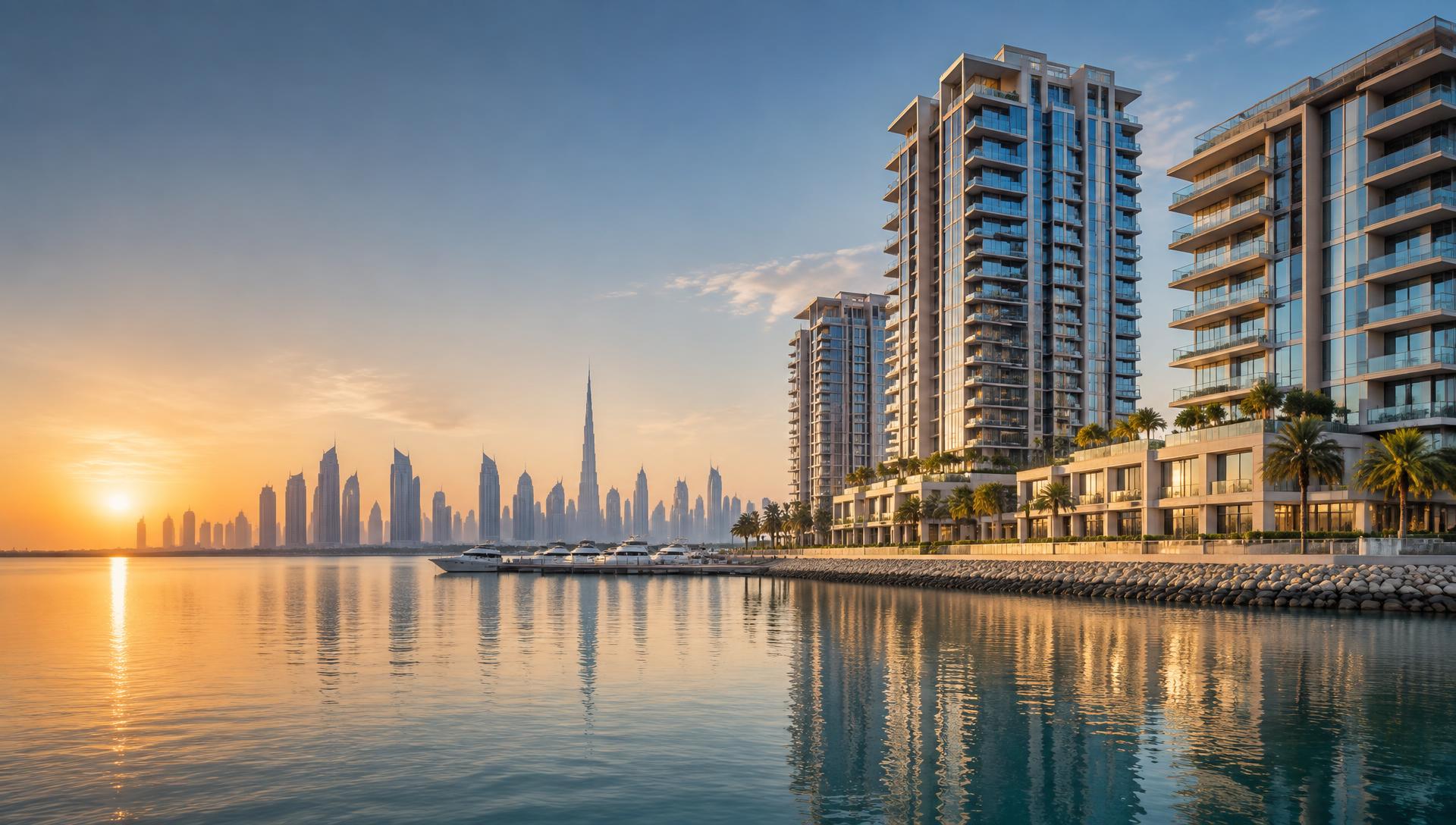 Waterfront woningen en skyline in Dubai